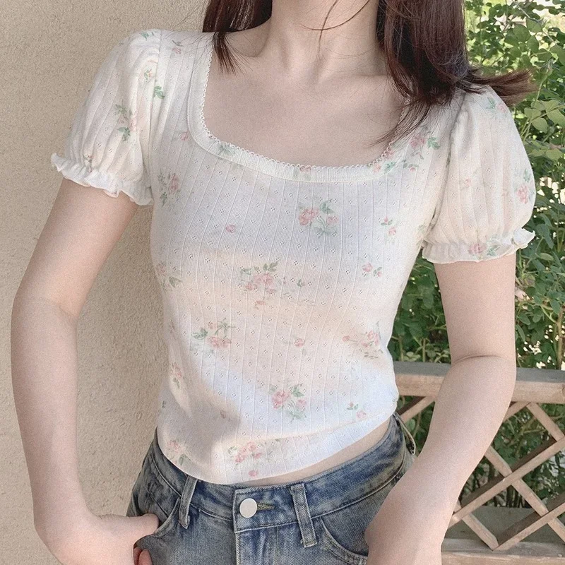 White Floral T-Shirt for Sweet Girl Square Collar Puff Sleeve Rose Print Slim Cotton TShirt Women Summer Tops Kawaii Clothes