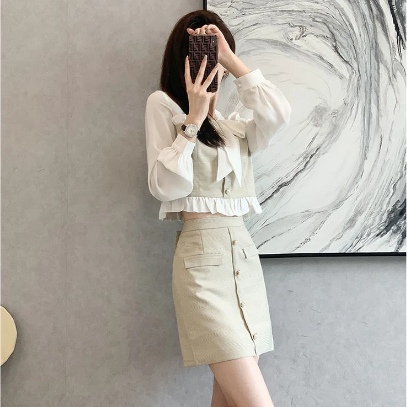 Women Sets Blouses Patchwork Ruffles Skirts Mini Button Elegant Sweet Fashion Korean Spring Simple Casual Retro Outfits Hot Sale