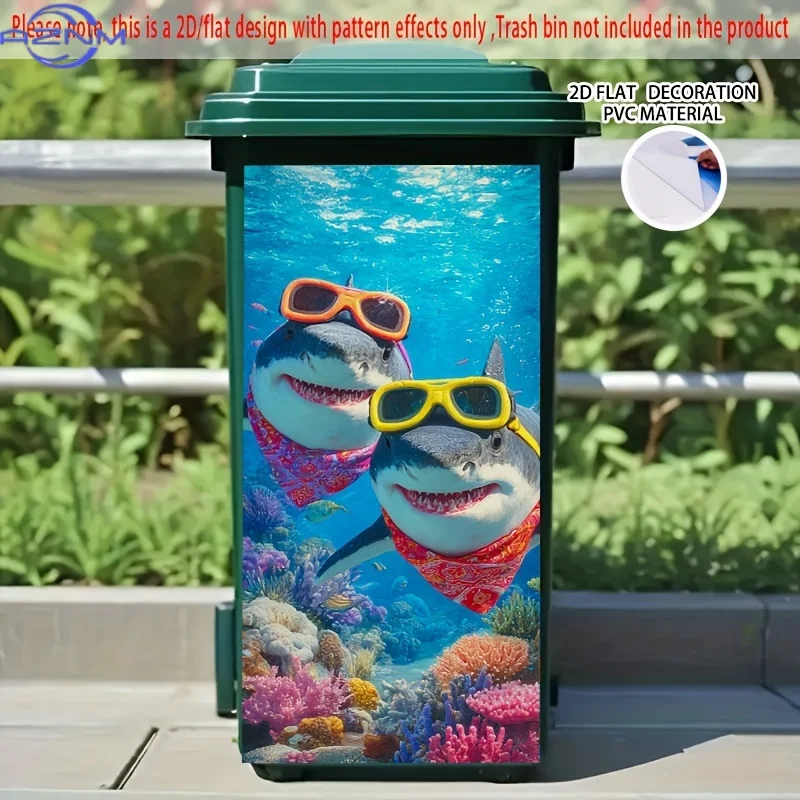 1pc 2D/FLAT Self-Adhesive Dustbin Stickers, .01× cm, Sharks with Goggles and Bandanas Pattern Dustbin Stickers, Suitable for D