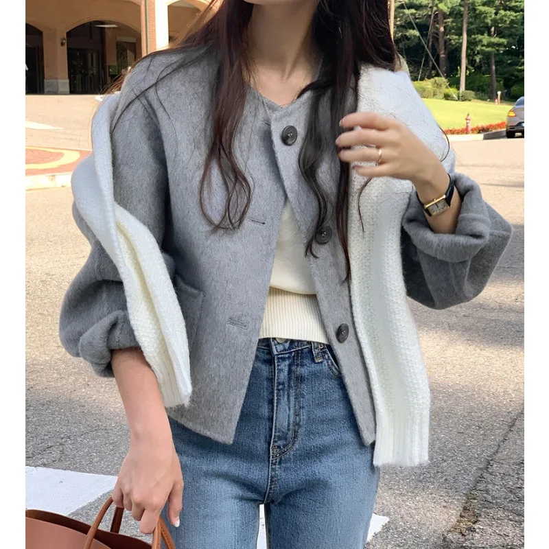 

Women's Woolen Jaet Chic Winter ort Loose round Ne Simple Elegance Versatile Commute Long Sve Premium Feel Top