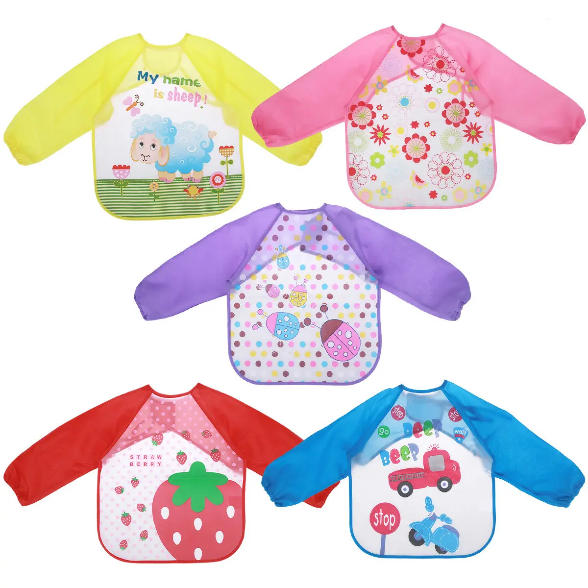

Waterproof Apron For Kids Cartoon Baby Bibs Washable Stain Resistant Smock Toddler Feeding Painting Wear Red Strawberry