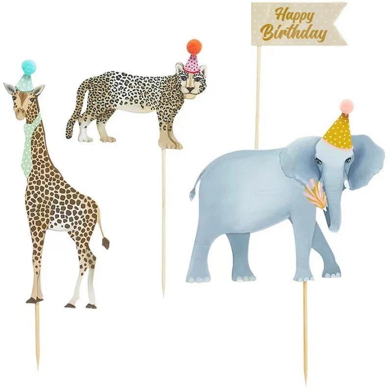 Animal Cake Topper Giraffe Elephant Zebra Happy Birthday Wedding Kids Party Baby Shower Cupcake Decoration Baking Supplies DIY