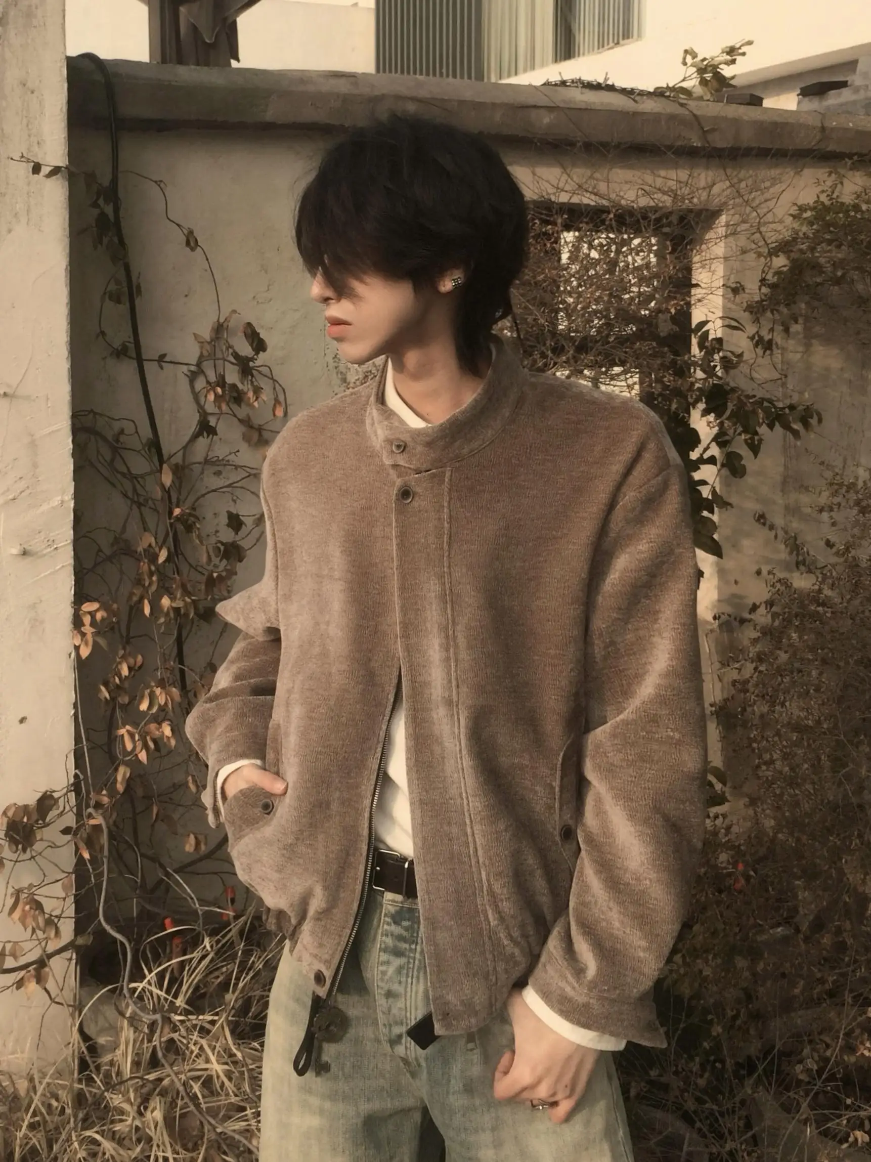 

Retro American Branch Texture Harlan Jaet Men's Casual ort Sle Couple Outerwear Polyester Fiber Long Sve Zipper