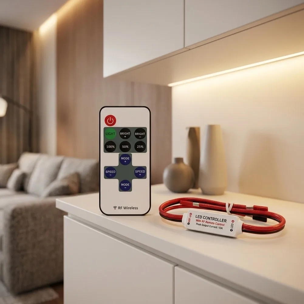 RF Controller for 12V LED Strip Light with 11-Key Remote 10 Brightness Levels 10 for dynamic Speeds and Single Device Pairing