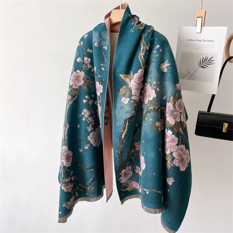 2024 Luxury Floral Print Scarf for Women Warmer Winter Cashmere Pashmina Scarves Shawls Female Thick Blanket Wraps Foulard