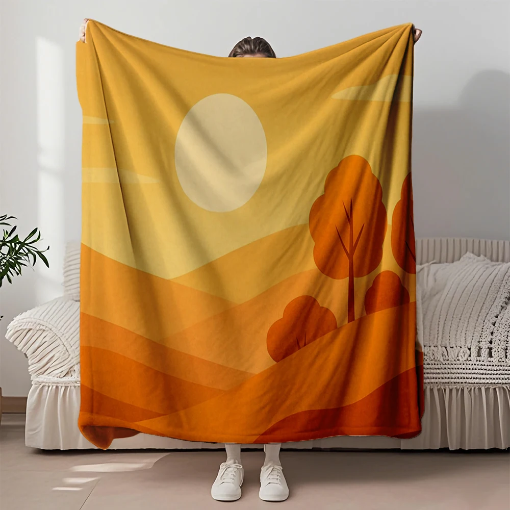 

Custom Flannel Cozy Blanket Golden Hills Sunset Landscape Mid-century Modern Thermal Blanket Quilted Bed Runner Odor-resistant