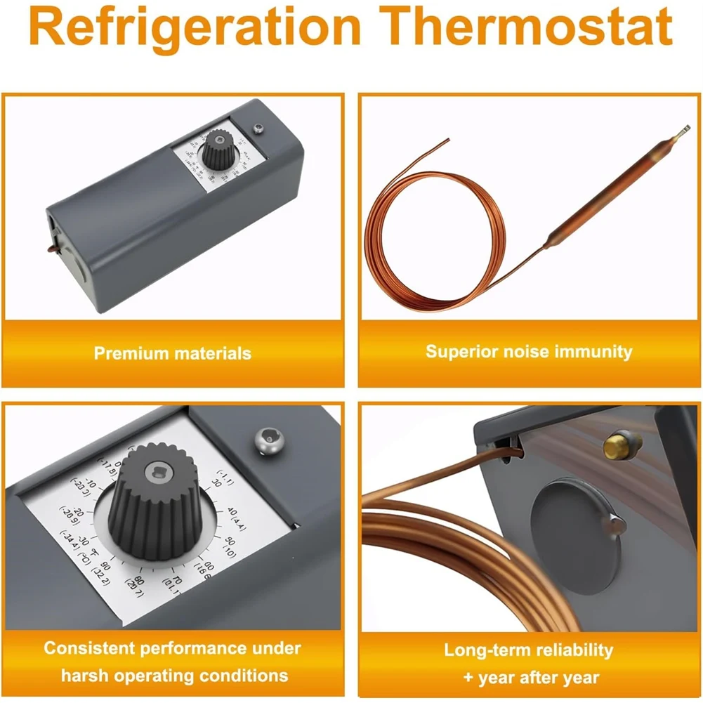 RMWIN-W1609-101, TH-1609 เทอร์โมสตัทควบคุมอุณหภูมิเครื่องทำความเย็น ตั้งแต่-30 °   F ถึง 90 °   F(-34 °   ซี ถึง 32 °   C), ท่อแคปิลลารีขนาด 5 ฟุต