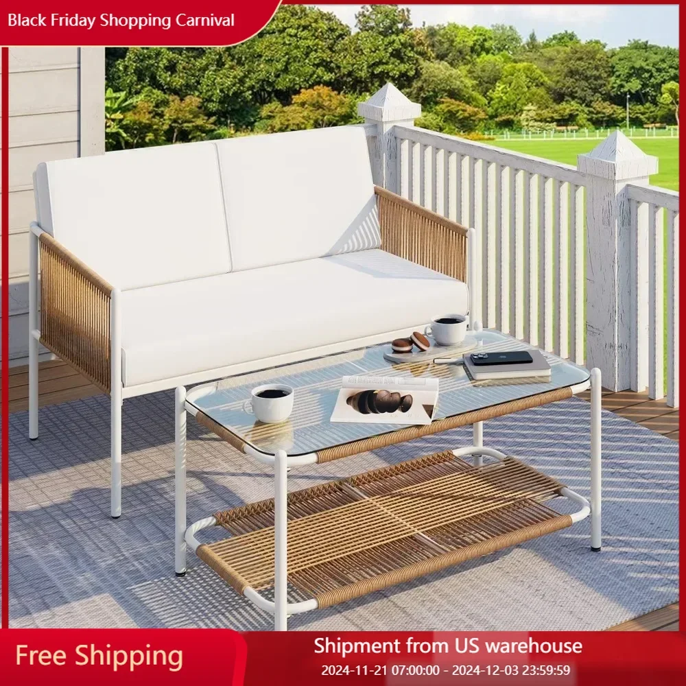 Sofas Outdoor Patio Furniture Rattan Conversation Set, All Weather Patio Set Loveseat for Backyard, Balcony,Porch with Soft Sofa