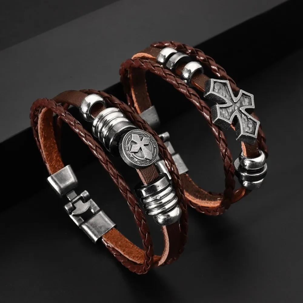 Cross Alloy Bead Design Multilayer Handmade Wove Leather Bracelet Vintage Men Casual Fashion Hand Chian Jewelry Accessory Gift