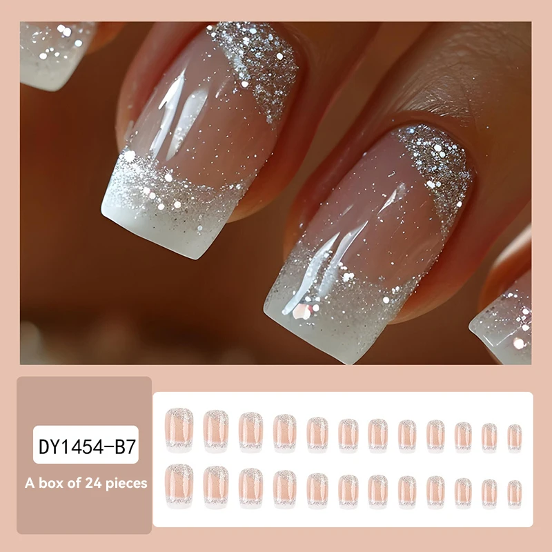 Sparkling Star White Edge French Manicure Glitter Powder Fake Nail Piece Advanced Sense Wear