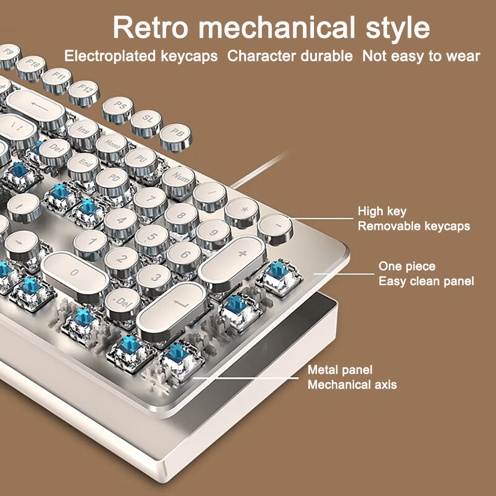 3 Mode Retro Typewriter Keyboard Mechanical Gaming Switch Media Control Rainbow Backlit Punk Round Keycaps USB Wired Computer