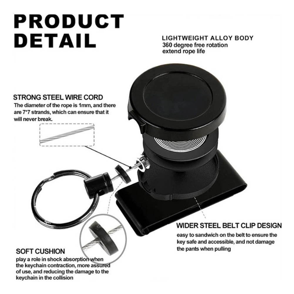 Сверхмощный выдвижной брелок с зажимом для ремня, 360° °   Выдвижной брелок для тяжелых условий эксплуатации с тросом и кольцом для ключей, 2 шт.