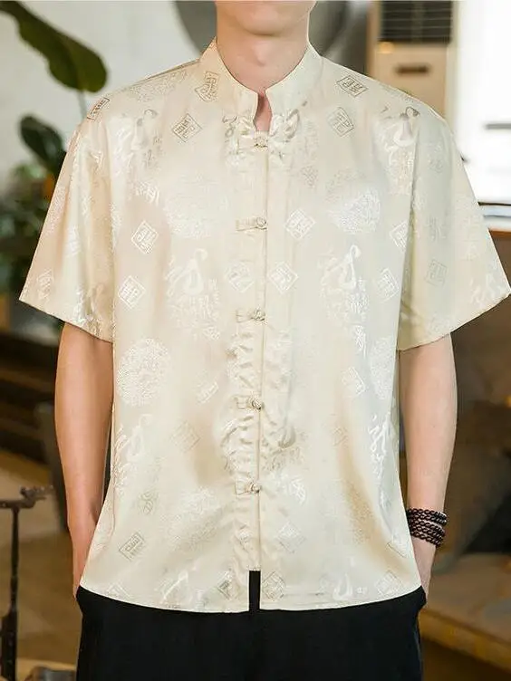 

Men's ort Sve Ice Silk irt Tang Costume Stand Fit Floral Print Breathable Chinese Sle Youth Tea Costume Casual Wear