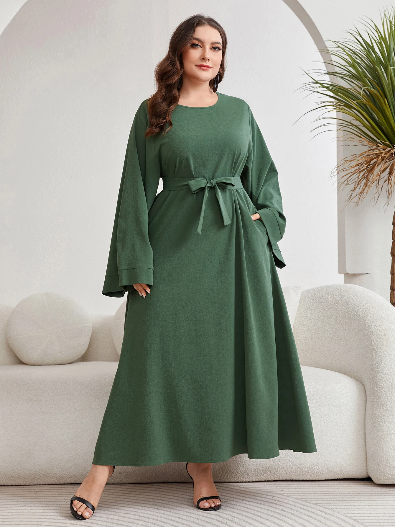 Abaya Ramadan Solid Crew Neck Belted Modest Dress, Elegant Long Sleeve Maxi Length Simple Dress, Women's Clothing FD36438779