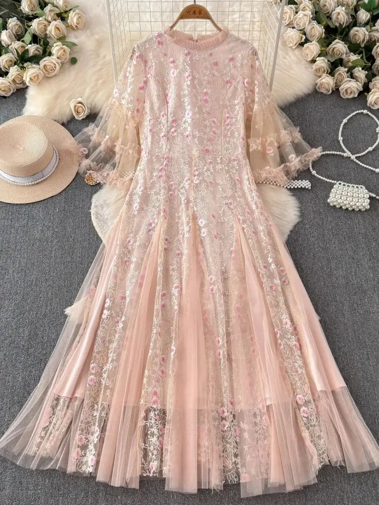 Quality Summer Midi Flower Embroidery Pink Lace Prom Evening Dress Women Luxury Pearls Belt Wedding Dresses Long Vestidos