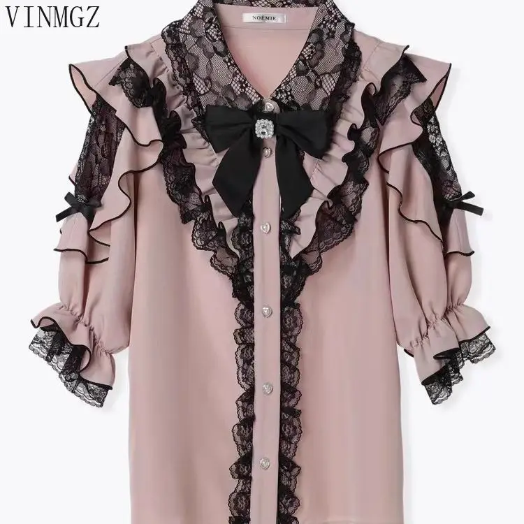 Japan's original order new mine series  ruffle edge bow off-the-shoulder lace medium-sleeved sweet shirt