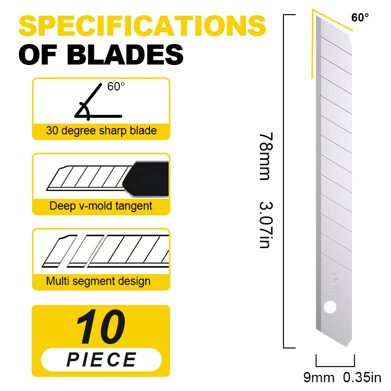 DELI 9mm Snap Off Utility Knife Blades 0.4mm Alloy Steel 60° Small Box Cutter Replacement Blades for Precision Cutting 10 Pack
