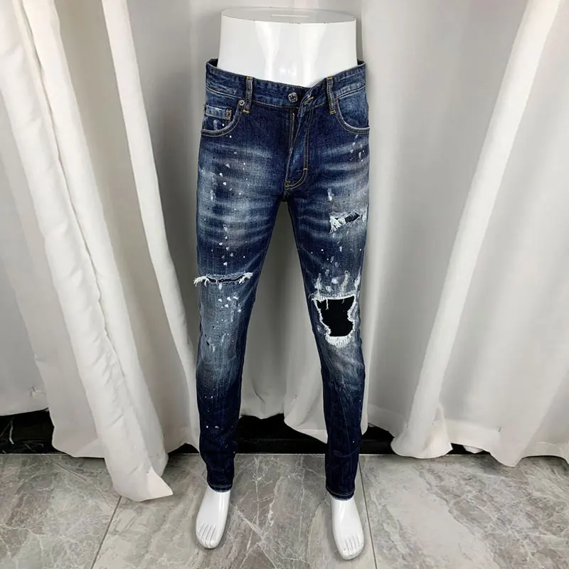 Men Retro Blue Faded Wash Black Patch Distressed Hole Elastic Slim Denim Jeans Urban Punk Casual Fashion Denim Jeans hombre