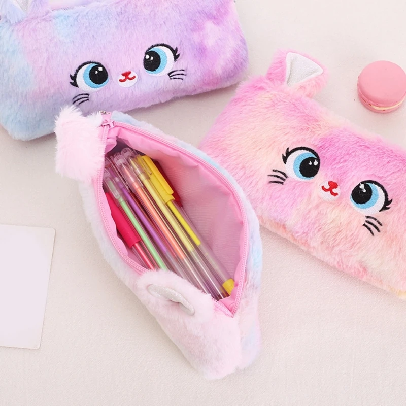 Large Capacity Pencil Case Plush Stationery Bag Pencil Cartoon Cats Pencil Bag Desk Organizers for Students Girls