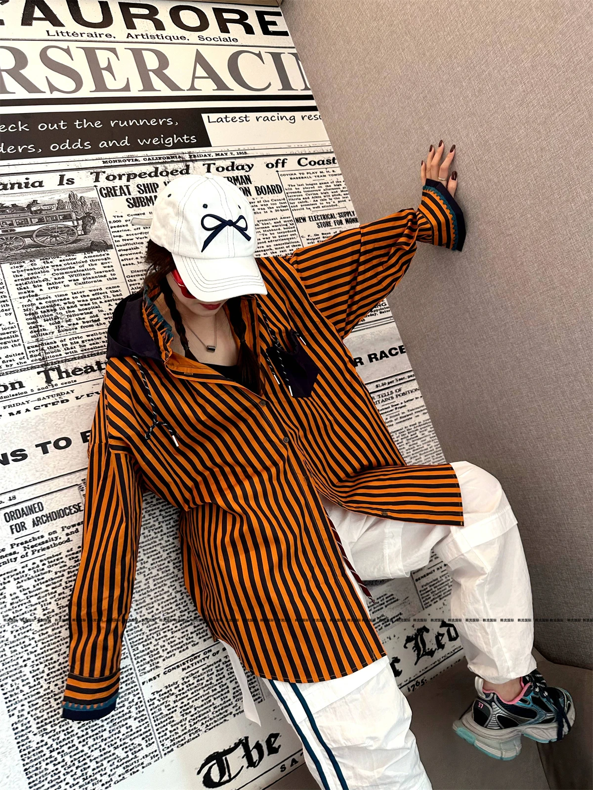 Oversize Shirt for Women 2025 Autumn New Cartoon Print Design Striped Shirt Mid-Length Loose Color-Block Hooded Top