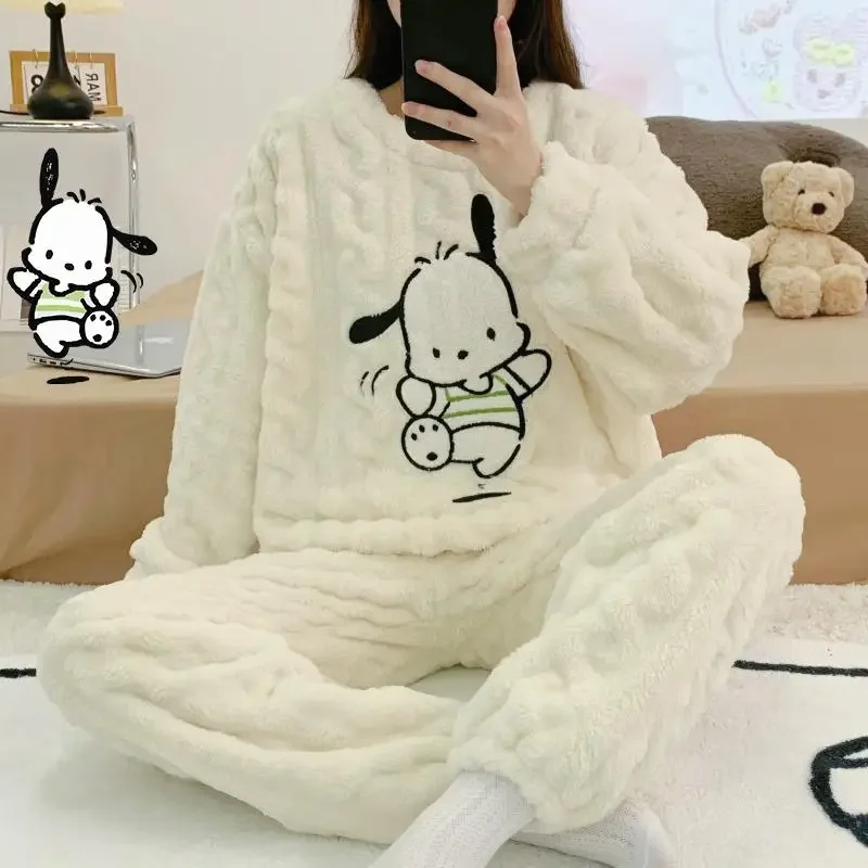 Kawaii Plush Pajama Set Sanrioed Anime Homewear Women Home Clothes Winter Cartoon Thicken Long Sleeves Pants Girls Warm