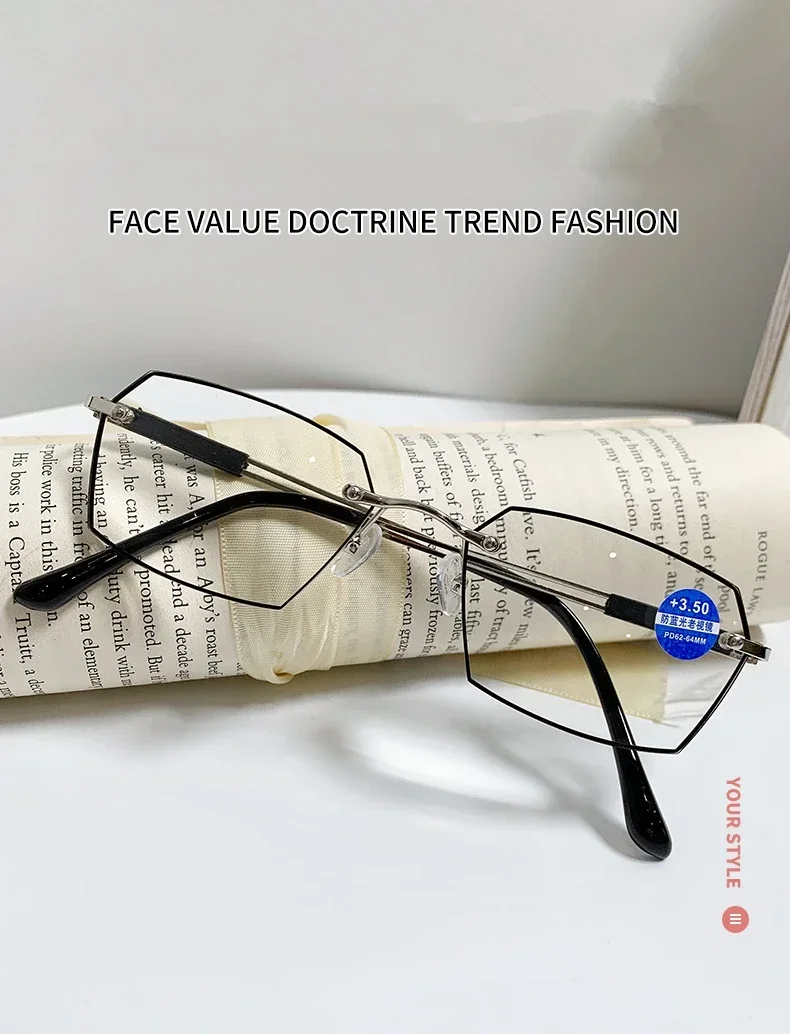 Randlose Lesebrille für Damen, Anti-Blaulicht-Schnittkante, mittleres Alter und ältere Menschen, modische Brillen für Herren – Detail 1