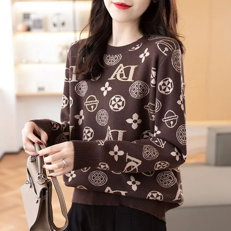 Autumn and Winter Fashion Trend Round Neck Pick Colored Flower Loose and Versatile Western Women's Knitted Long Sleeve Sweater