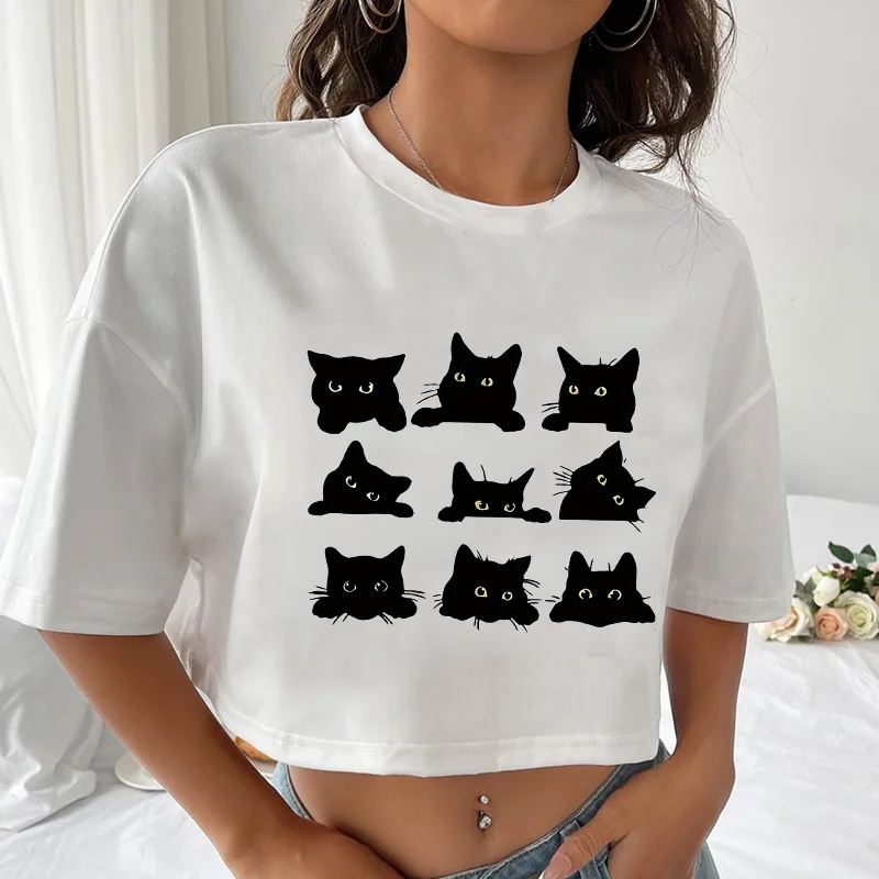 Cute Black Cat Harajuku T-shirt Women's Summer Cool Short Shirt Sexy Revealing Cool T-shirt Tops Summer Women's