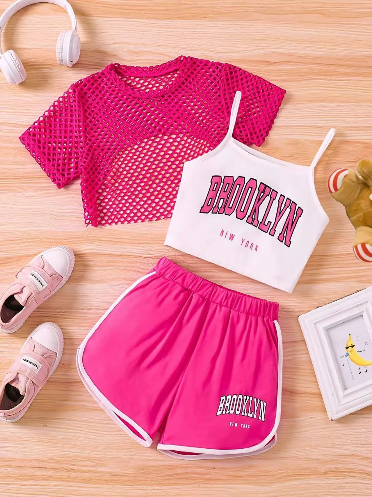 2025 Big Kids Suit Multicolour Girls Fashion Hot Sale Solid Colour Mesh Short Sleeve + Letter Print Camisole Shorts 3 Piece Set