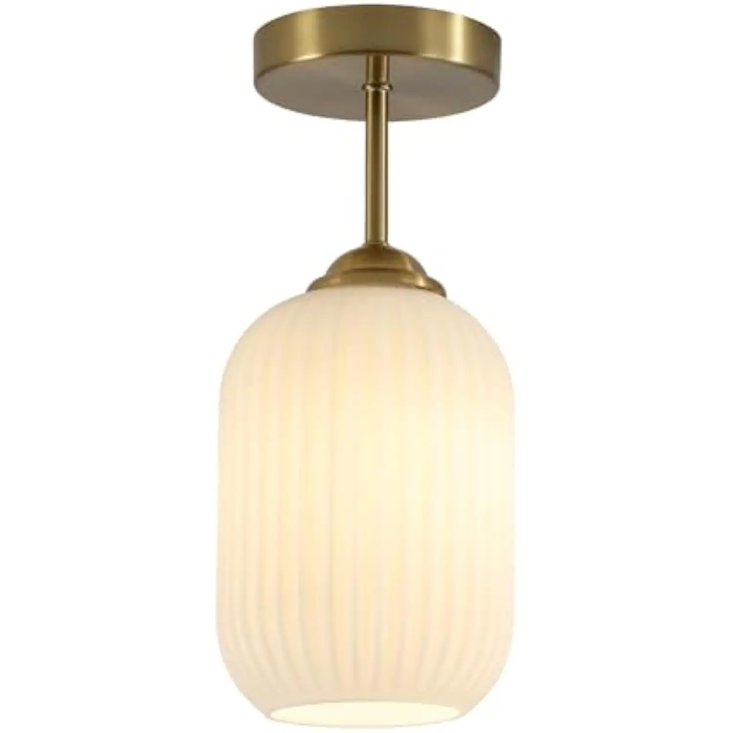 

Modern Gold Ceiling Light Brushed Brass Ceiling Lamp with 5.5 Stripes Milk White Glass Shade, Semi Flush Mount Ceiling Light F