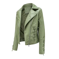 Chaqueta de cuero con cremallera para Mujer, abrigo negro y rojo para motociclista, color verde y Beige, Otoño, 2023