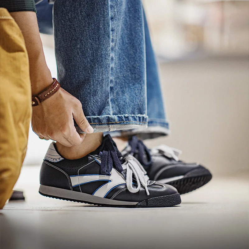 Maden Men's Casual Dual Lace-Up German Trainers Shoes Navy Blue Splice Sneakers Classic Low-Top Sporty Jogging Shoes for Walking