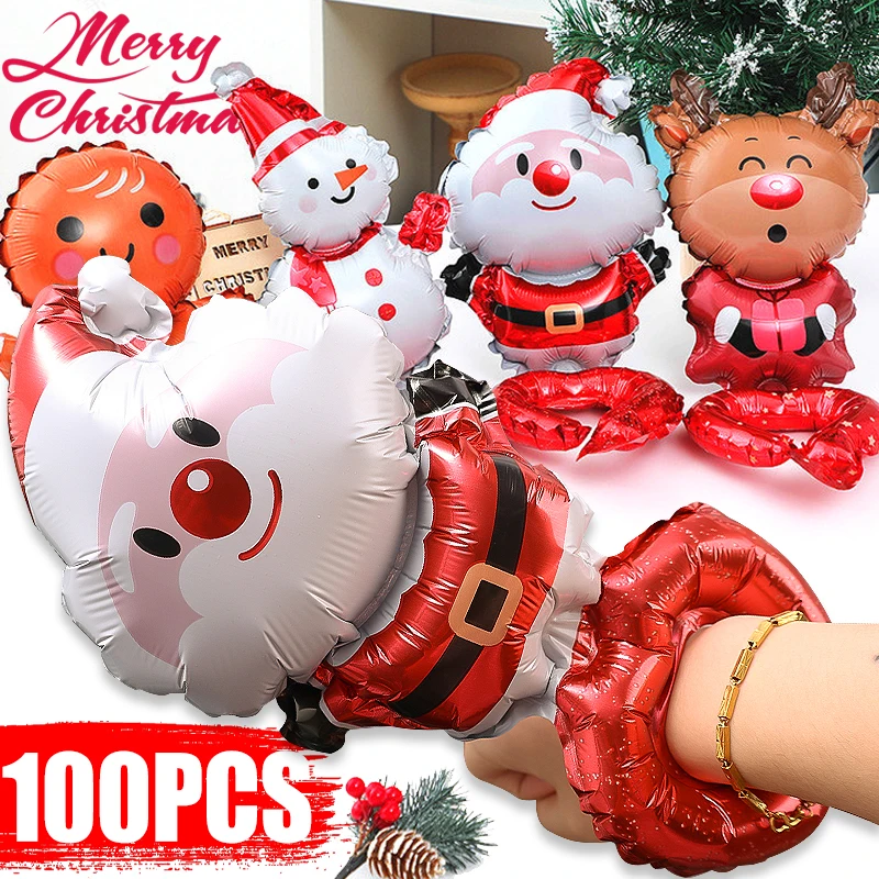 10-100Pcs Christmas Wrist Balloons Set Festive Cartoon Santa Reindeer Snowman Gingerbread Man Aluminum Foil Balloons Decoration