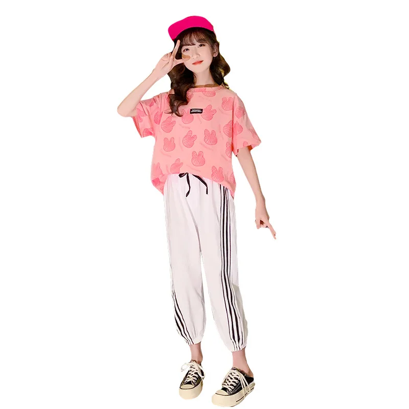 

2023 Summer Kids Clothes Teens Girl Child bunny loose t shirt + sport striped Ankle-tied pants tracksuit 8 10 12 15 14 Years