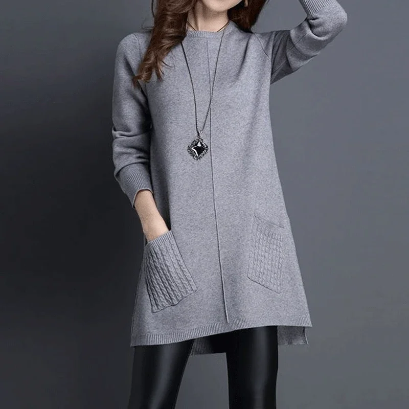 

Women Fashion Sweet Elegant Knitted Sweater Spring Autumn Casual Long Sleeve Pockets Loose Pullovers Irregular Tunic Tops U500