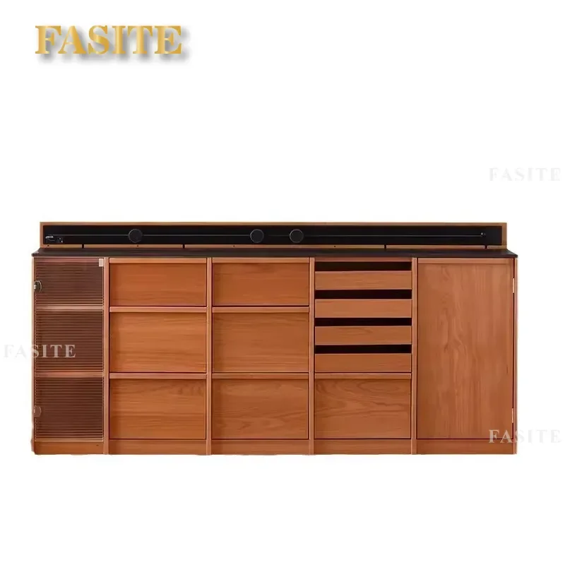 Solid Wood Sideboard with Rock Slab Top Black Walnut Storage Cabinet Simple Bone Line Design Modern Dining Room Buffet