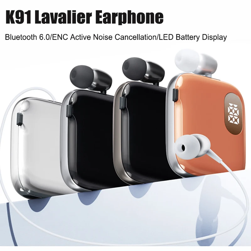 K91 Lavalier Kopfhörer Bluetooth V6.0 ENC Geräuschunterdrückung 90 Std. Spielzeit Musik LED-Energieanzeige Einziehbare Ohrhörer für Meetings