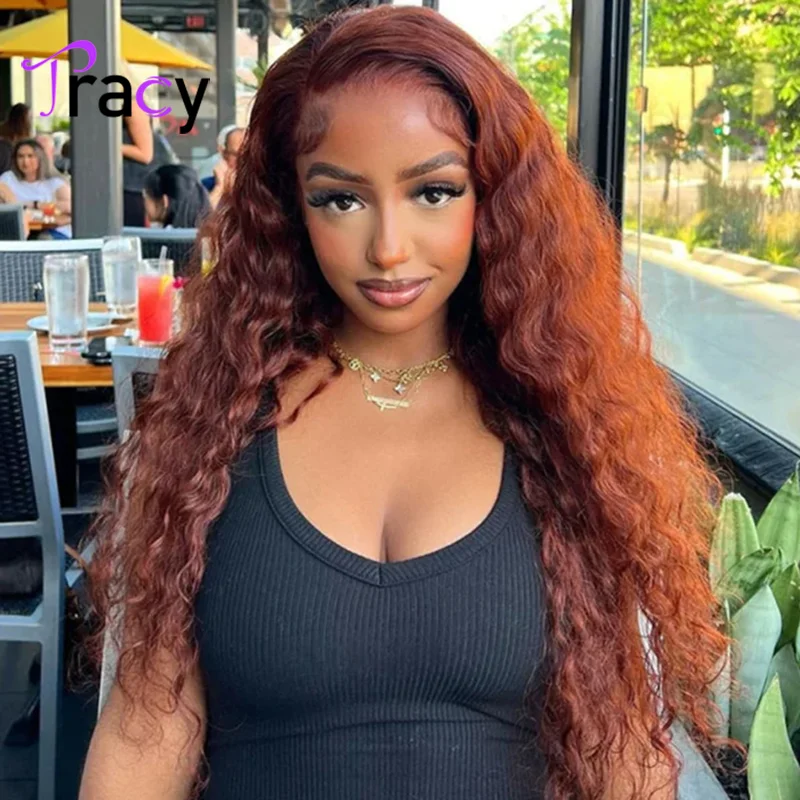 Tracy Reddish Brown Curly Wigs Human Hair 13x4 Auburn Brown Water Wave Lace Front Human Hair Wig PrePlucked Wear Go Wig