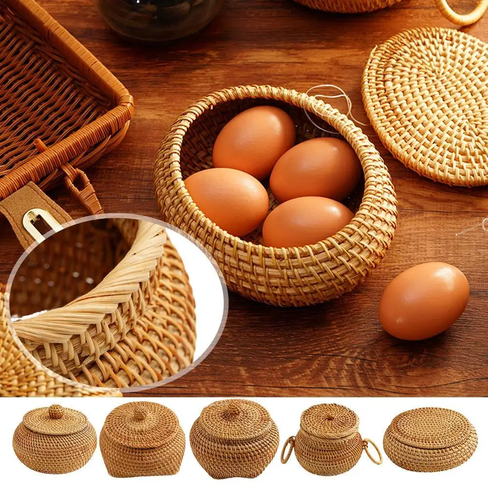 Round Rattan Box With Lid Natural Rattan Hand-woven Multi-purpose Desktop Tray Decoration Makeup Storage Jewelry Box Organi U2s3