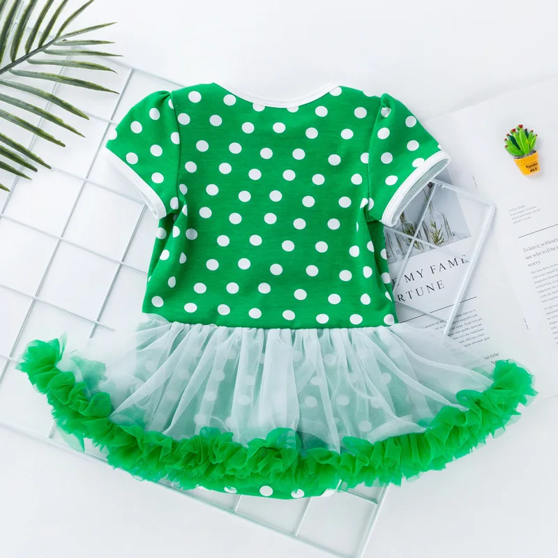 New St. Patrick's Cotton Polka Dot Short Sleeve Romper Dress Baby Green Mesh Princess Dress Children's Dress Set