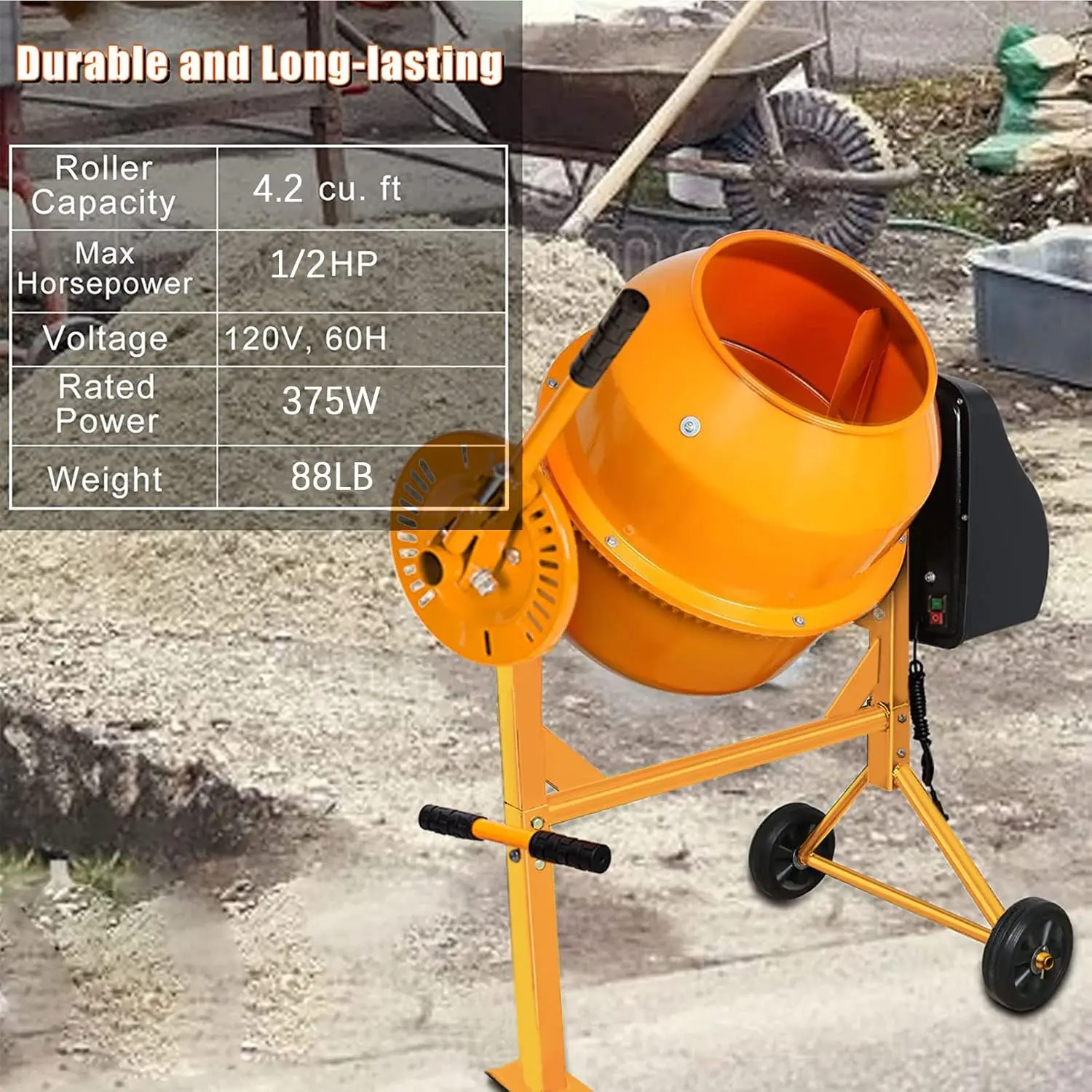 Mixer 4.2 Cu Ft Heavy Duty Portable Electric Cement Mixer Electric Concrete Concrete Mixer Machine Wheelbarrow Mud M