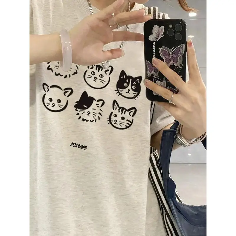 Japanese cute cat avatar printed short-sleeved T-shirt 2024 new summer half-sleeved tops for men and women Korean style y2k tops