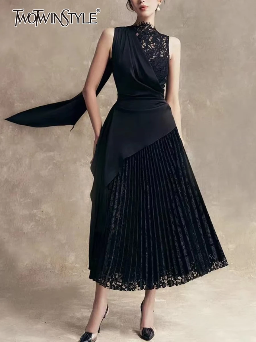 

TWOTWINSTYLE однотонные утягивающие кружевные элегантные платья для женщин с круглым вырезом без рукавов в стиле пэчворк со складками нерегулярное женское платье