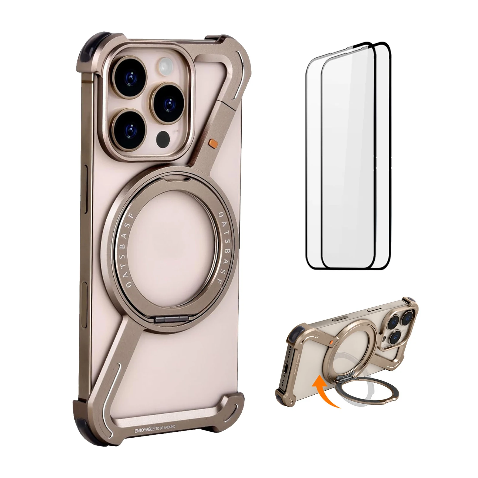 

3 Piece Set Metal Frameless Bumper Z Shape MagSafe Case for iPhone 360° Rotation Kickstand & 120° Fliping Screen Lens Protection