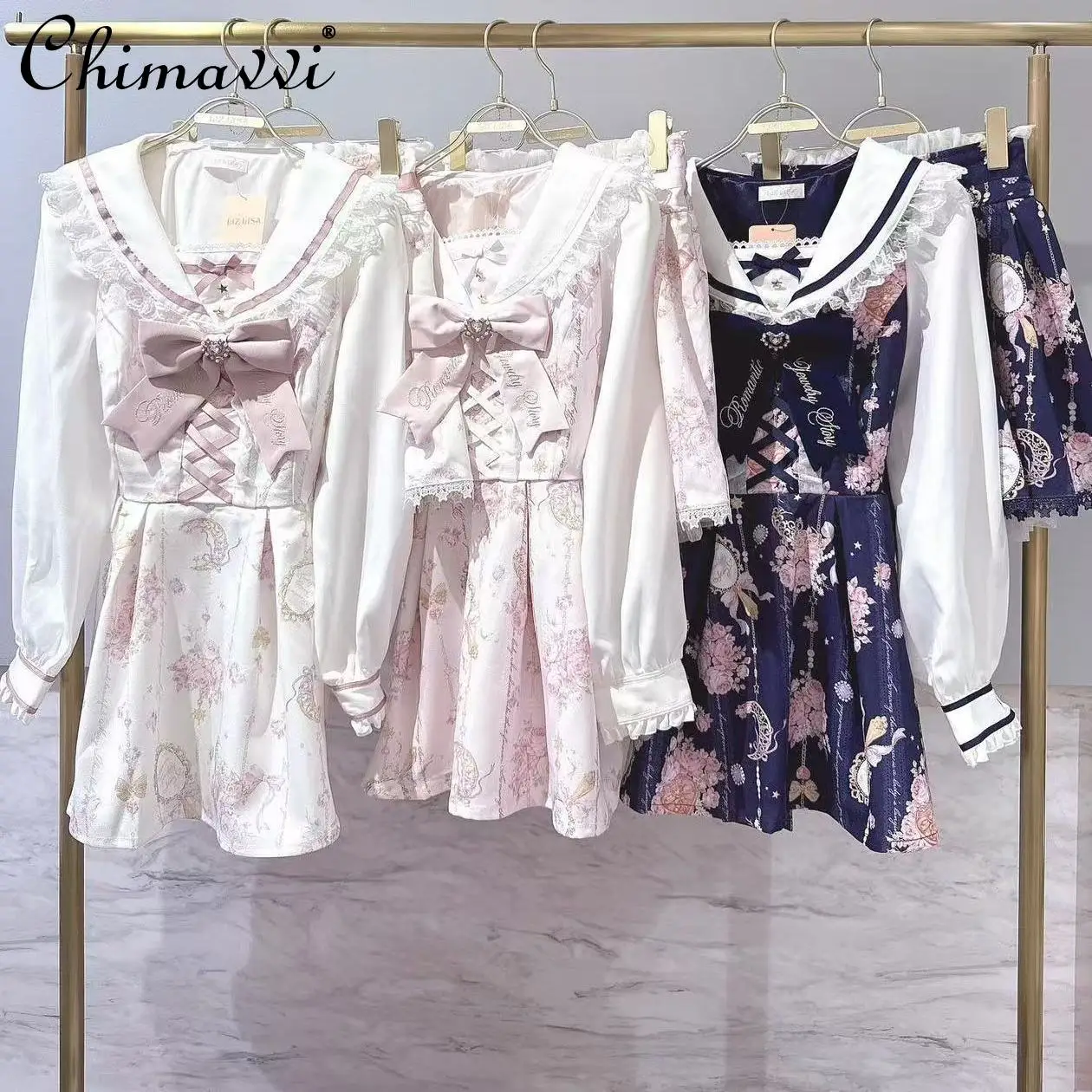 

Liz New Japanese Star Moon Gem Sailor Collar Princess Dress Set Sweet Girl Long Sleeve Dress Top + Skirt Lolita Two-Piece Set
