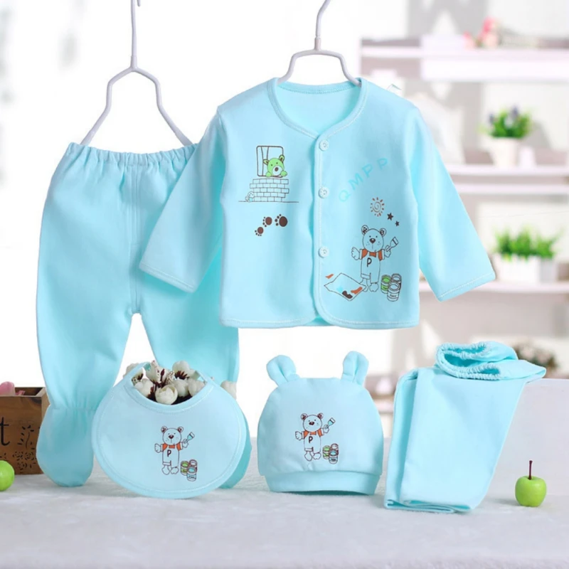 Newborn Baby Summer Pure Cotton Skin-friendly Breathable suit Long Sleeve Printed Dan\'pai Top Solid Color Trousers Hat Bib suit