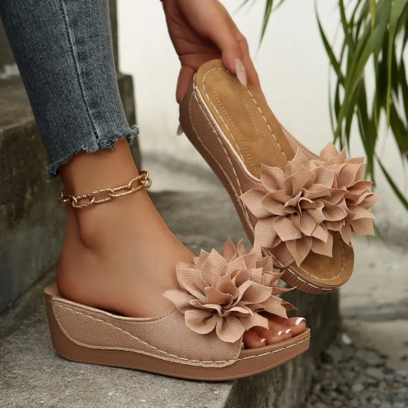 Women 3D Flower Wedge Slide Sandals Open Toe Slip on Platform Mules Summer Casual Beach Outdoor Wedge Heel Slippers view 5