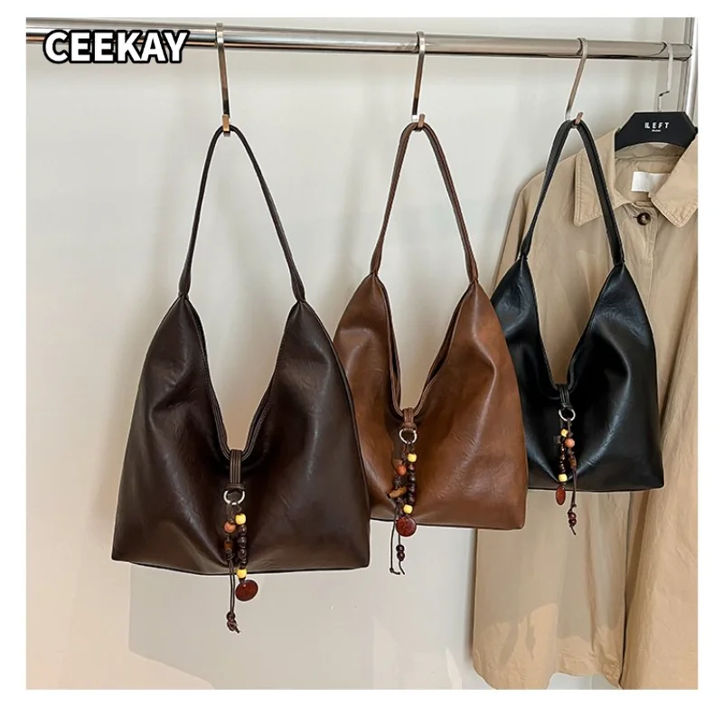 CEEKAY Women's Hobo Bag Dark Brown Soft PU Leather Large Shoulder Handbag Bead Pendant Zipper Daily Commute Casual