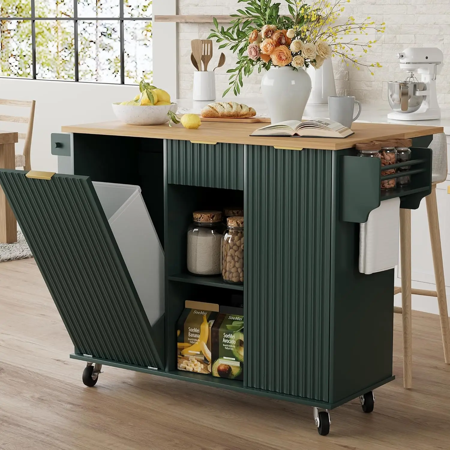 

Rolling Kitchen Island with Trash Can Storage, Portable Kitchen Island with Drop Leaf Breakfast Bar, Farmhouse Kitchen Cart on W