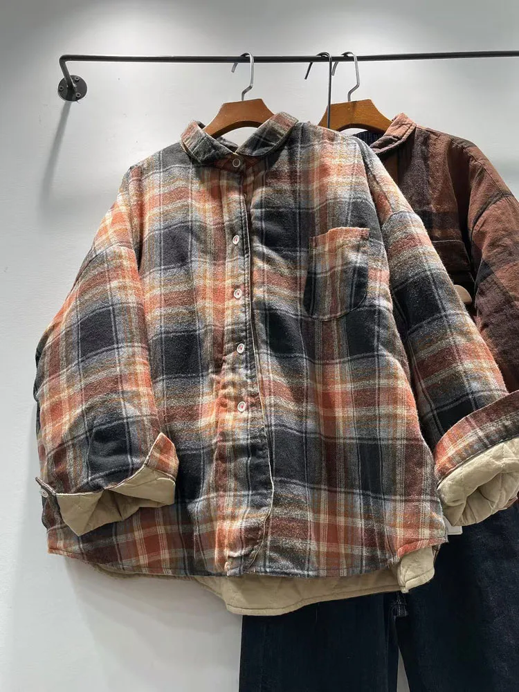 SuperAen dikke katoenen gewatteerde jas vintage geruite polokraag dames herfst en winter nieuwe Koreaanse stijl oversize modejassen